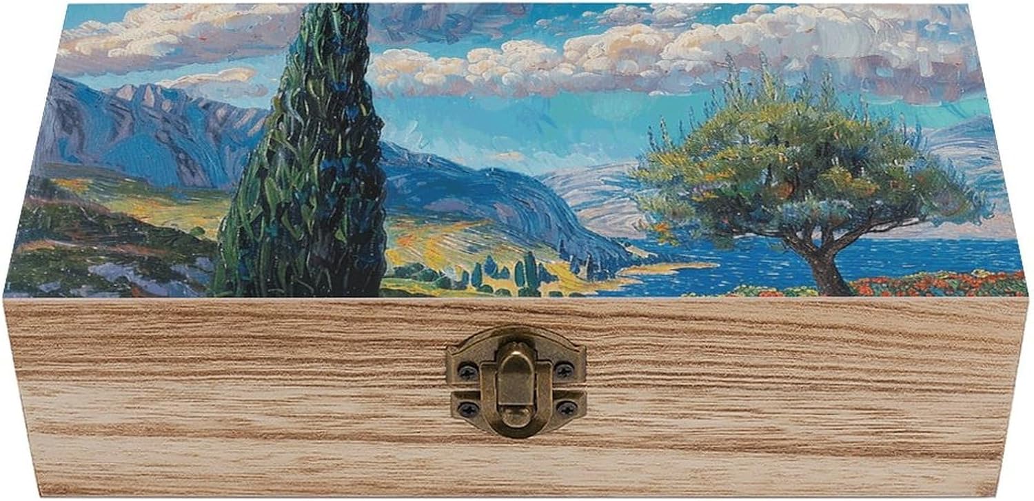 Cypress Trees Outdoors Wooden Storage Box, Vintage-Style Memory Box with Hinged Lock, Decorative Keepsake Organizer for Photos, Jewelry, Crafts, Treasures & Home Decor