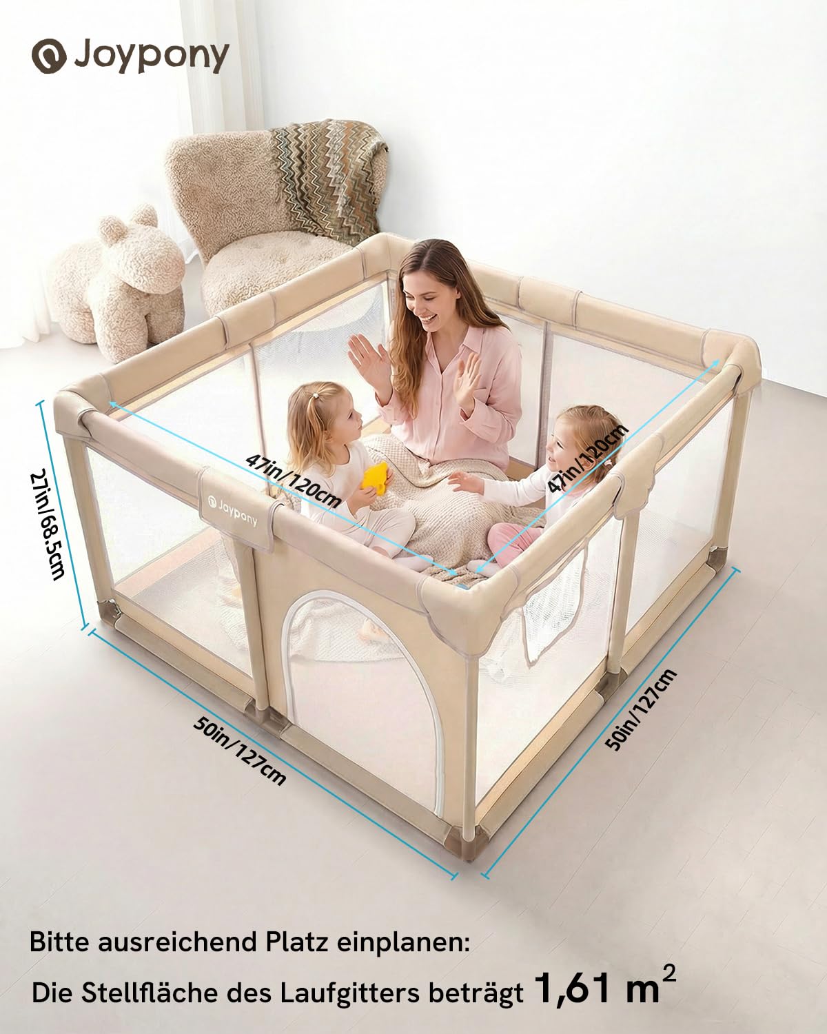 Joypony Parc pour bébé - 127 x 127 cm - Avec filet respirant à 360° - Ventouses antidérapantes - Zone de jeu stable pour bébés et tout-petits - Parc d'intérieur - Beige clair