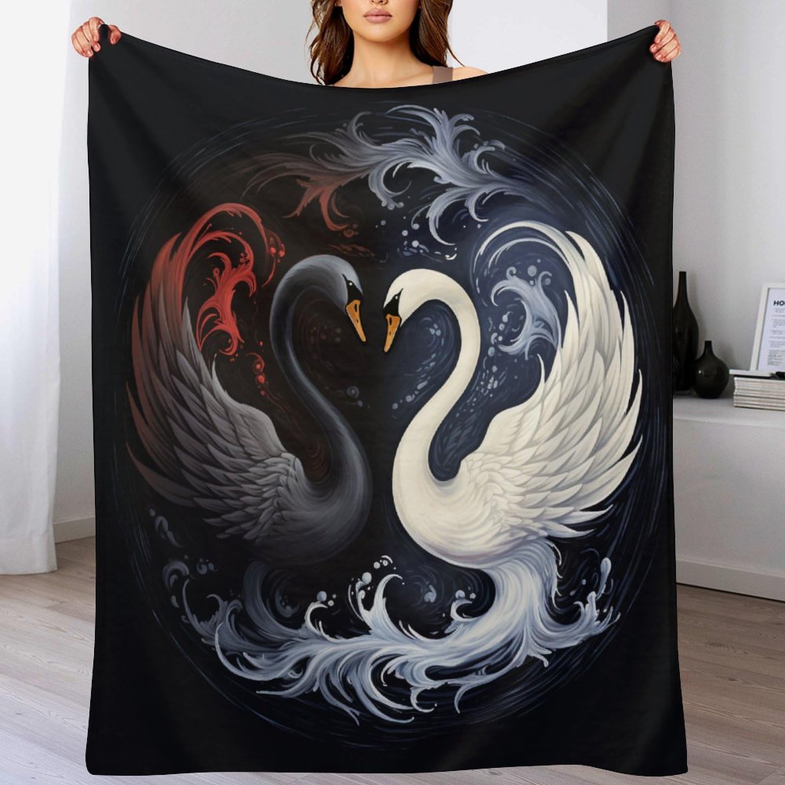 Couverture pour adultes et enfants cygne, plaid chaud en flanelle 130x150