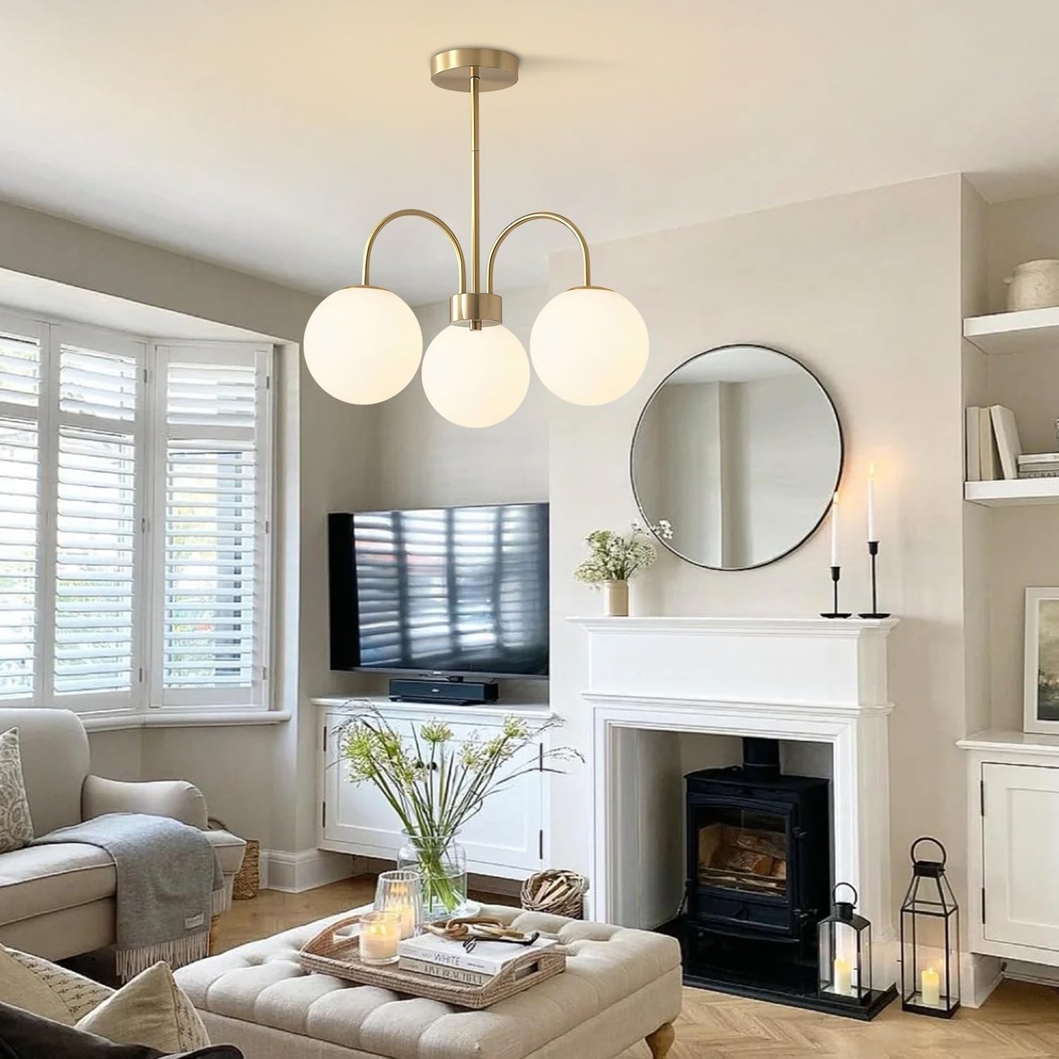 SYAXVOM Glass Pendant ht Ceiling ht, Mid Century Modern Globe Chandelier Flush Mount Gold 3-ht Or 5-ht(3 ht)