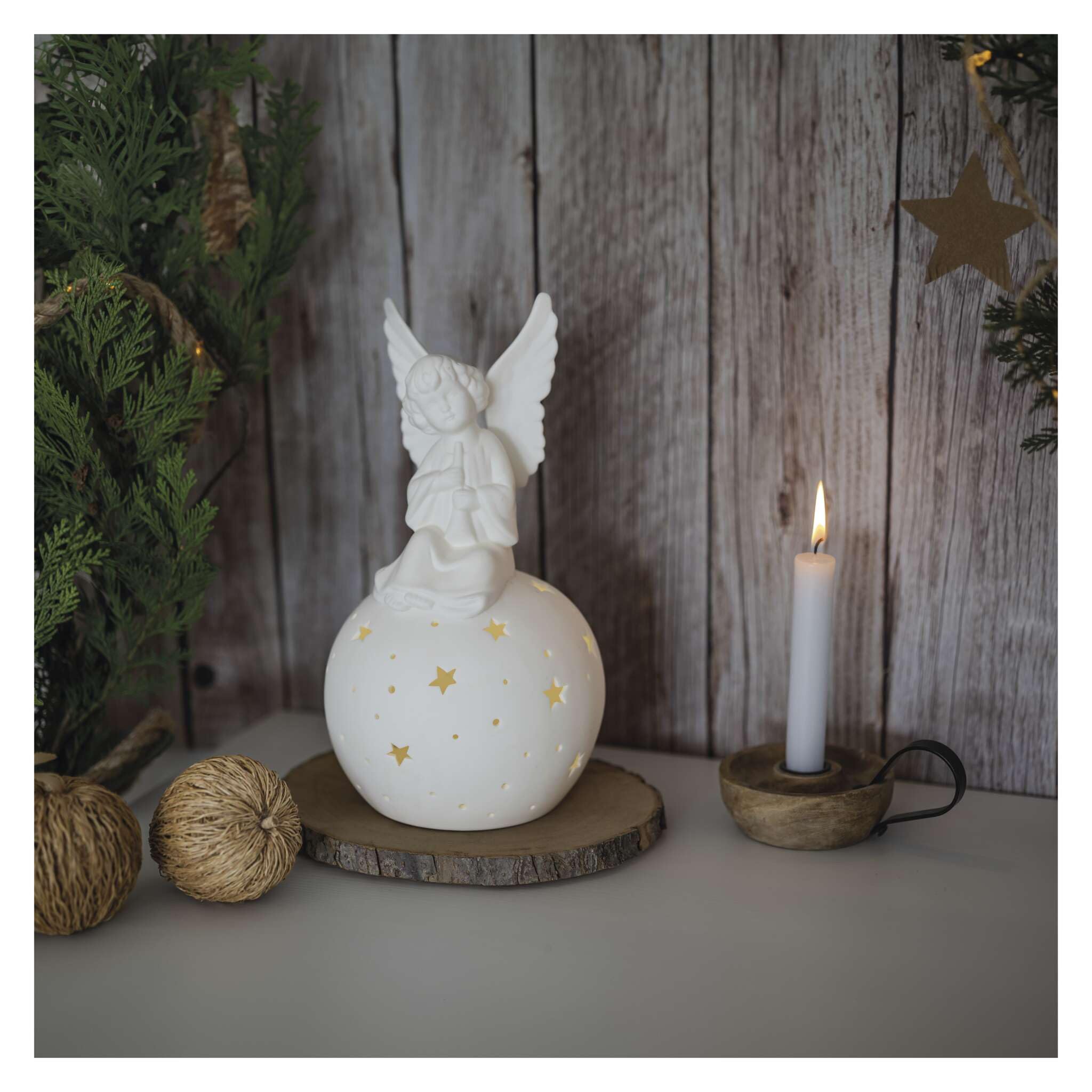 EMOS Décoration LED en céramique Blanche - Ange - Décoration Lumineuse avec Effets d'étoiles Lumineux - pour intérieur - Lumière Blanche Chaude - Fonctionne avec 2 Piles AA Non incluses