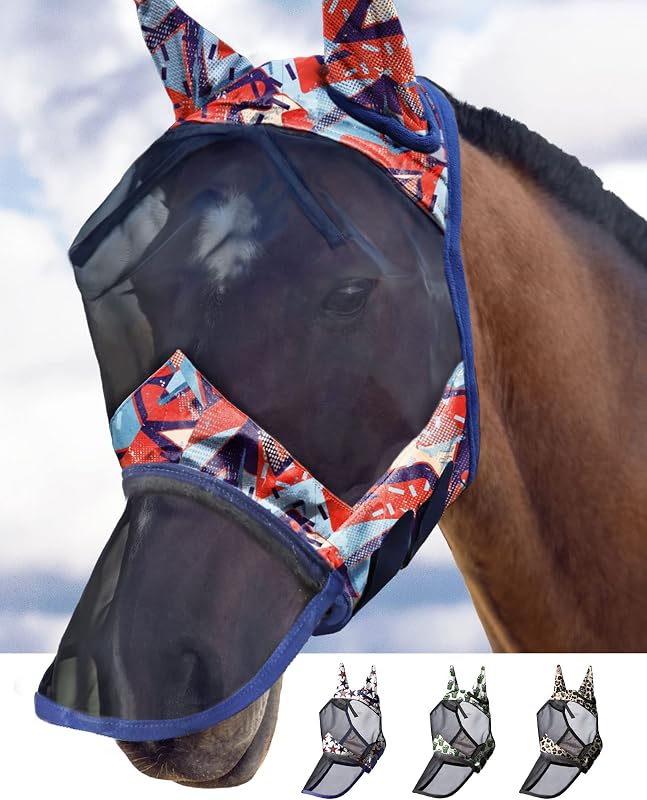 Máscara contra moscas para cavalos Harrison Howard LumiVista com focinheira longa, orelhas e proteção UV Extra-Full (X-Large)