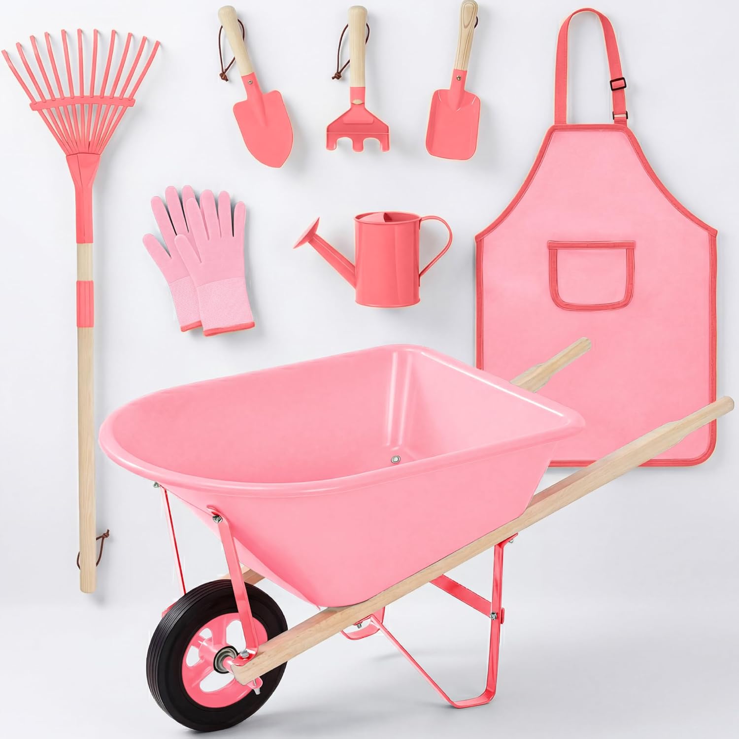 Best Choice Products Kids Wheelbarrow and Gardening Tool Set 8 Piece with Metal Tools, Watering Can, Apron and Gloves, Child Garden Play Set for Outdoor Backyard Play Ages 3+ - Pink/Pink