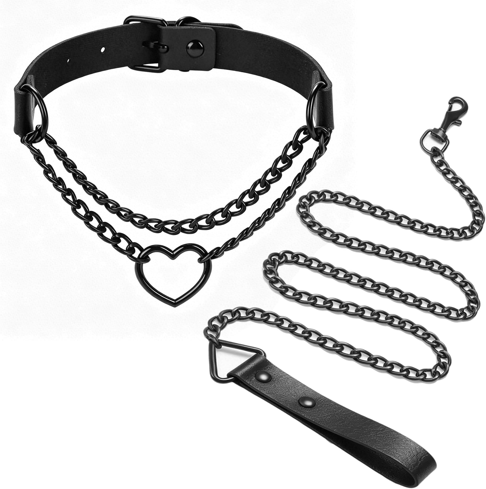 Black Gothic Chain Choker with Heart Pendant, Punk Emo Leather Necklace