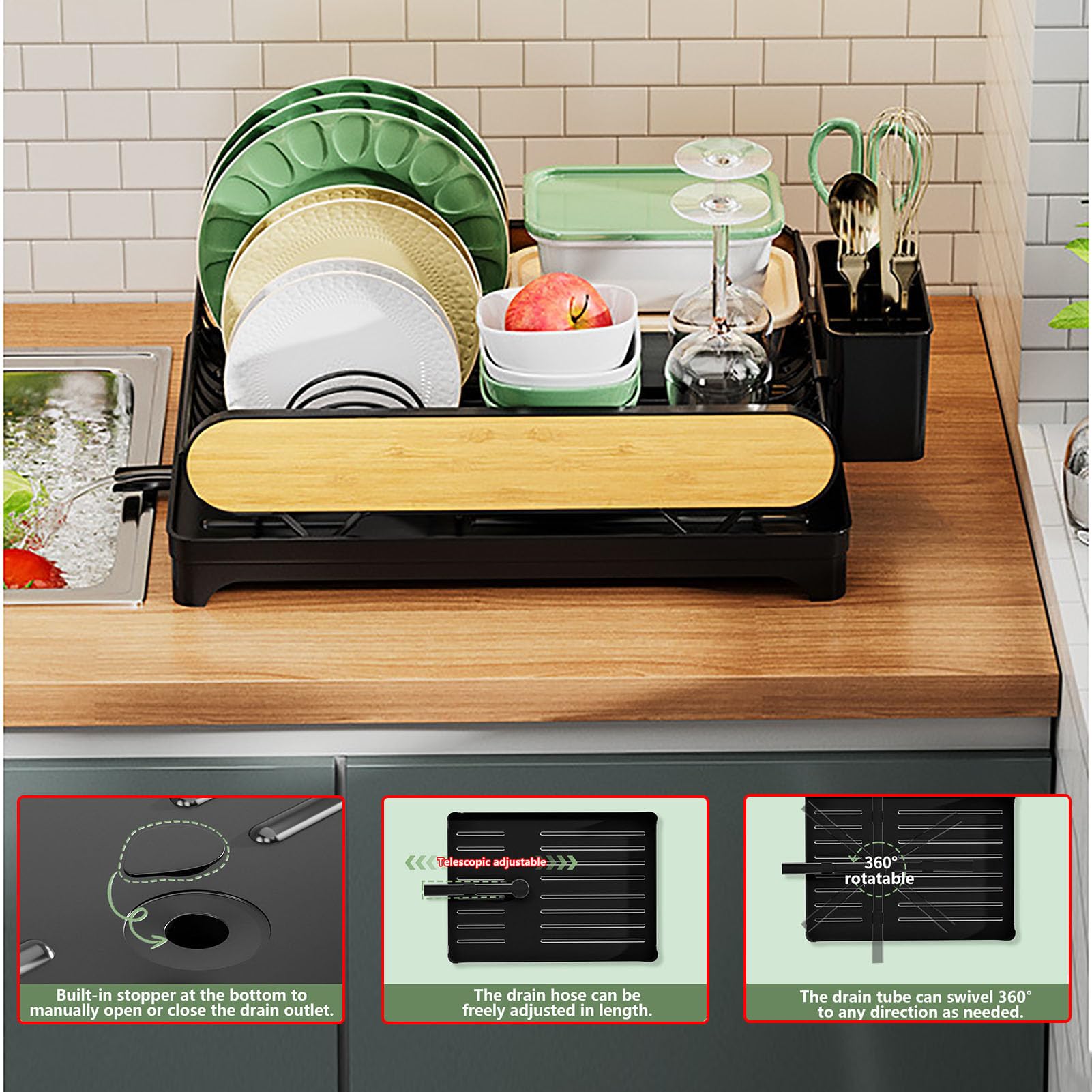 Escurridor para platos con bandeja de drenaje desmontable, organizador de vajilla con múltiples compartimentos para secado de cocina y almacenamiento diario de lavado