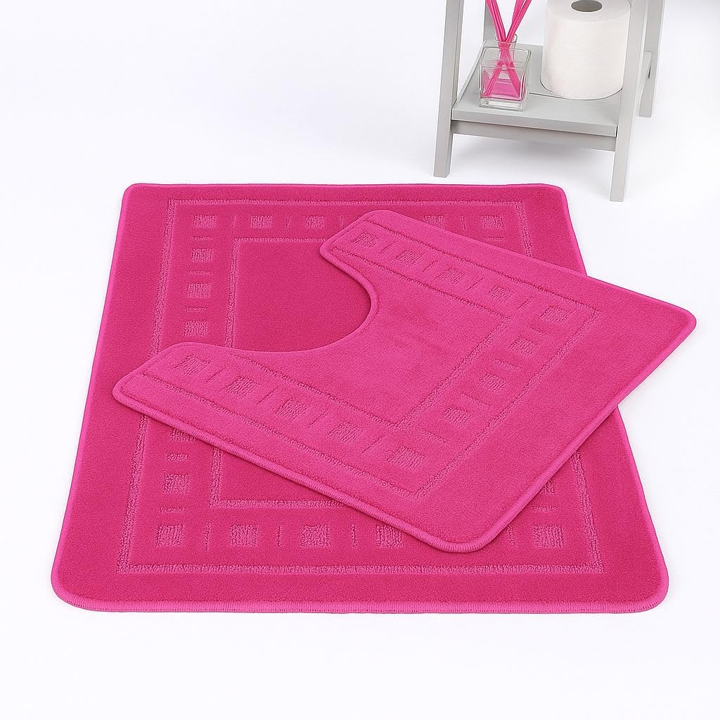 Bella Nights Diem Square 2 Piece Bath Mat & Pedestal Set – Non Slip Extra Absorbent Bathroom Toilet Rug – Soft Bath Mats Set for Shower, Tub & Toilet (Fuchsia)