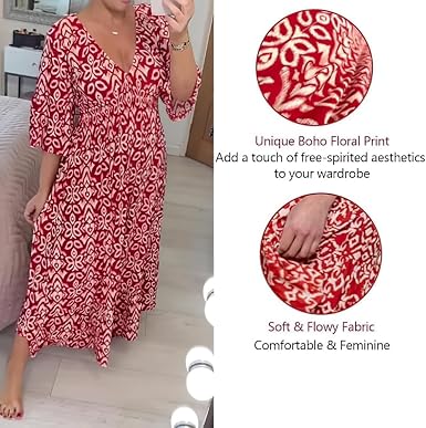 Janisie Bohemian Dress, Casual Print V-Neck Shirred Waist Long Dress, Maxi Boho Dresses for Women (Lake Blue,2XL) Clothing, Shoes & Accessories