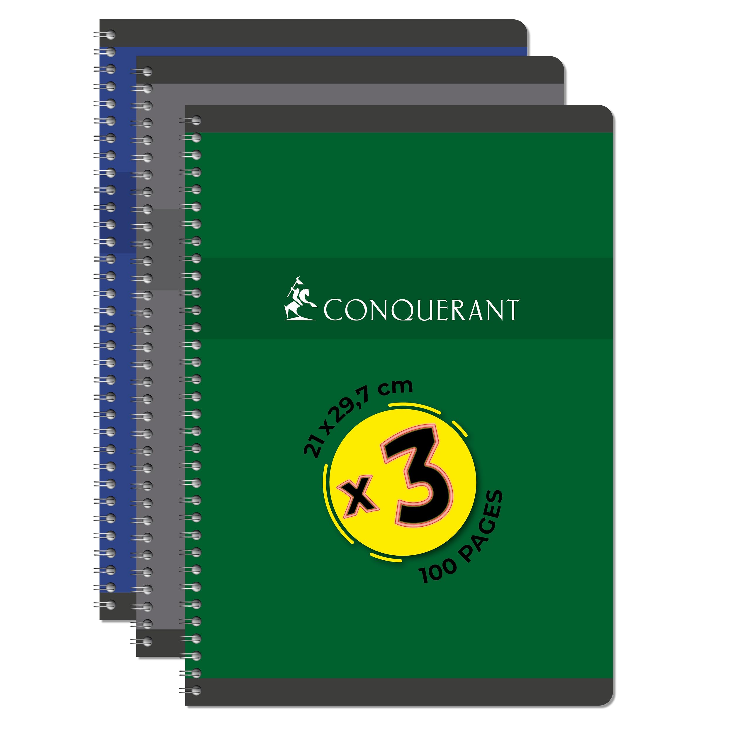 CONQUERANT Pack of 3 A4 Notebooks 100 Pages 70 g Q5 x 5 Full Binding Card Cover Assorted Colours, Red, Green and Grey