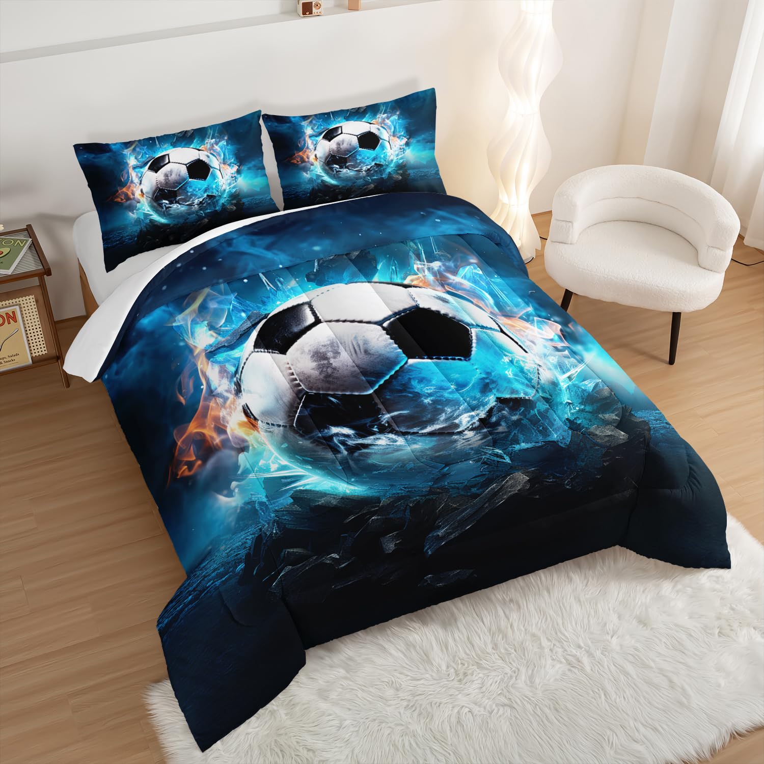 UEVBF Soccer Bedding Comforter Set Queen Size,Blue Football Flame Printing Ball Gamer Bedding Set,Sports Themed Room Decor for Teens Boys,Kids Comforter Sets Boys with 2 Pillowcases.