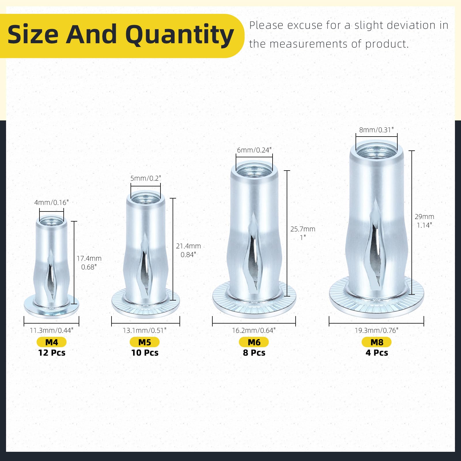 Mardatt 34Pcs M4 M5 M6 M8 Multi-Grip Rivet Nuts, Zinc-Plated Pre-Bulbed Shank Flat Head Threaded Insert Nut - Image 2