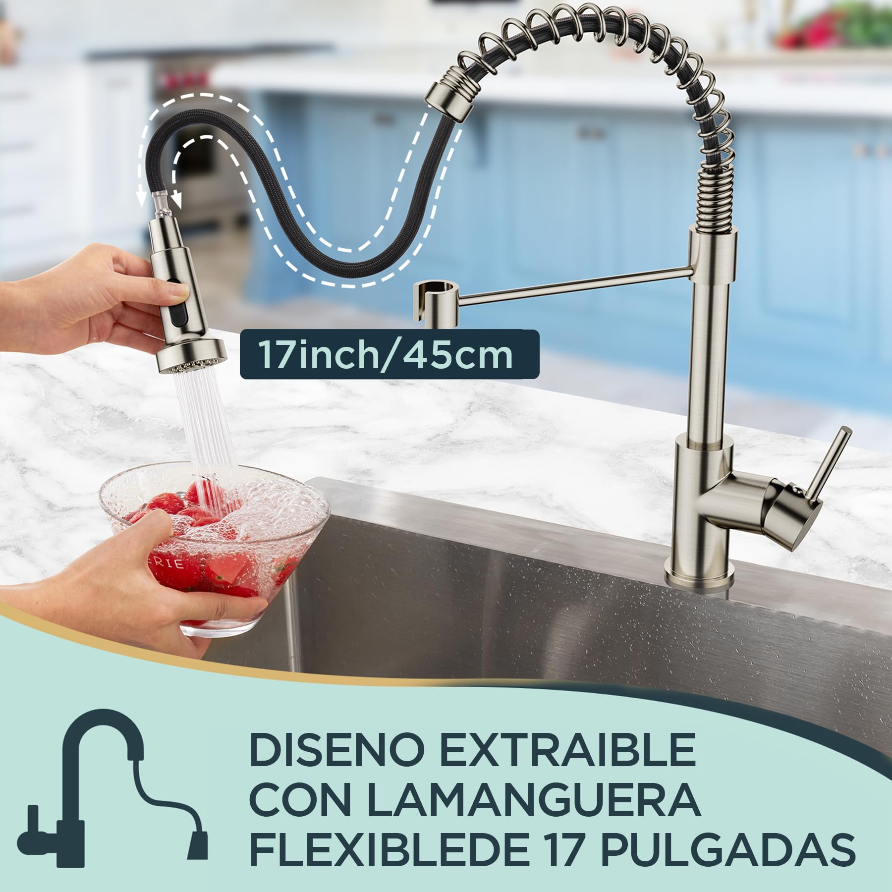 FORIOUS Grifo Cocina Extraible, Grifos Cocina Fregadero, Acero inoxidable Monomando Torneira Cozinha con Giro 360°y Rociador de Doble Función