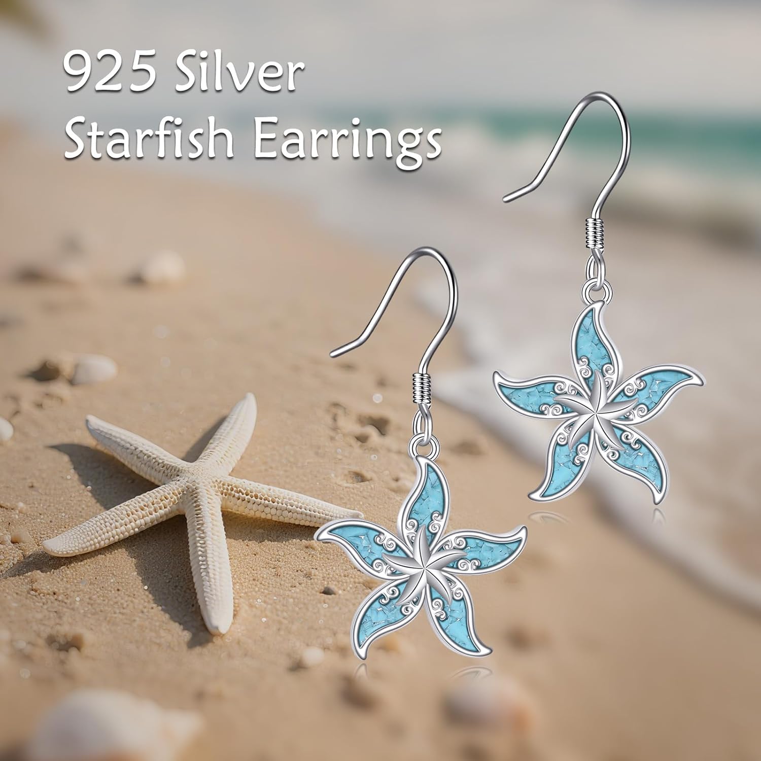 URONE Starfish Earrings 925 Sterling Silver Turquoise Starfish Dangle Drop Earrings Ocean Jewelry Gift For Women - Image 6