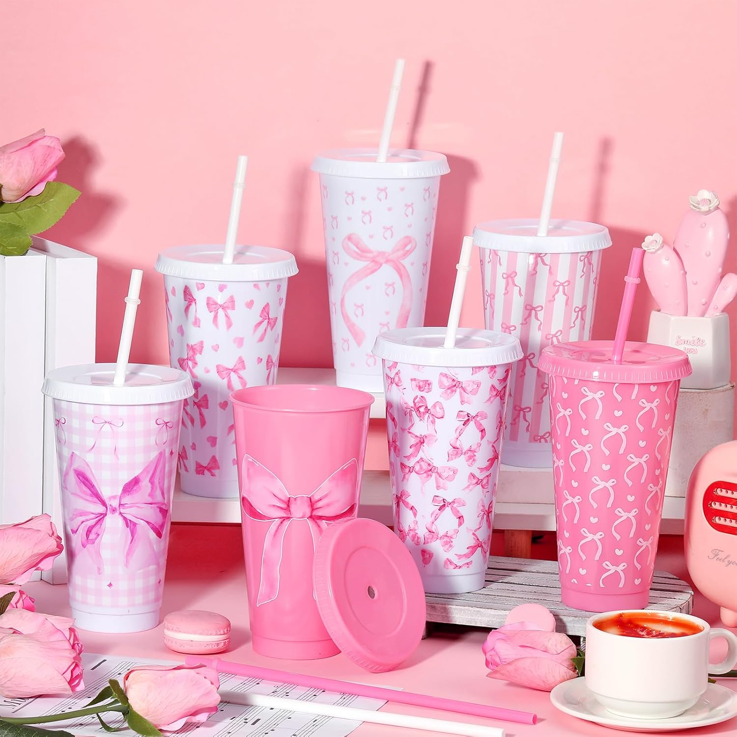 Skylety 24 Pcs 24 oz Pink Bow Tumbler Cups with Straw and Lid Coquette Bow Themed Party Favors 8 Design Reusable Preppy Plastic Travel Cup Gift Birthday Bridal Shower Supplies Decorations - Image 4