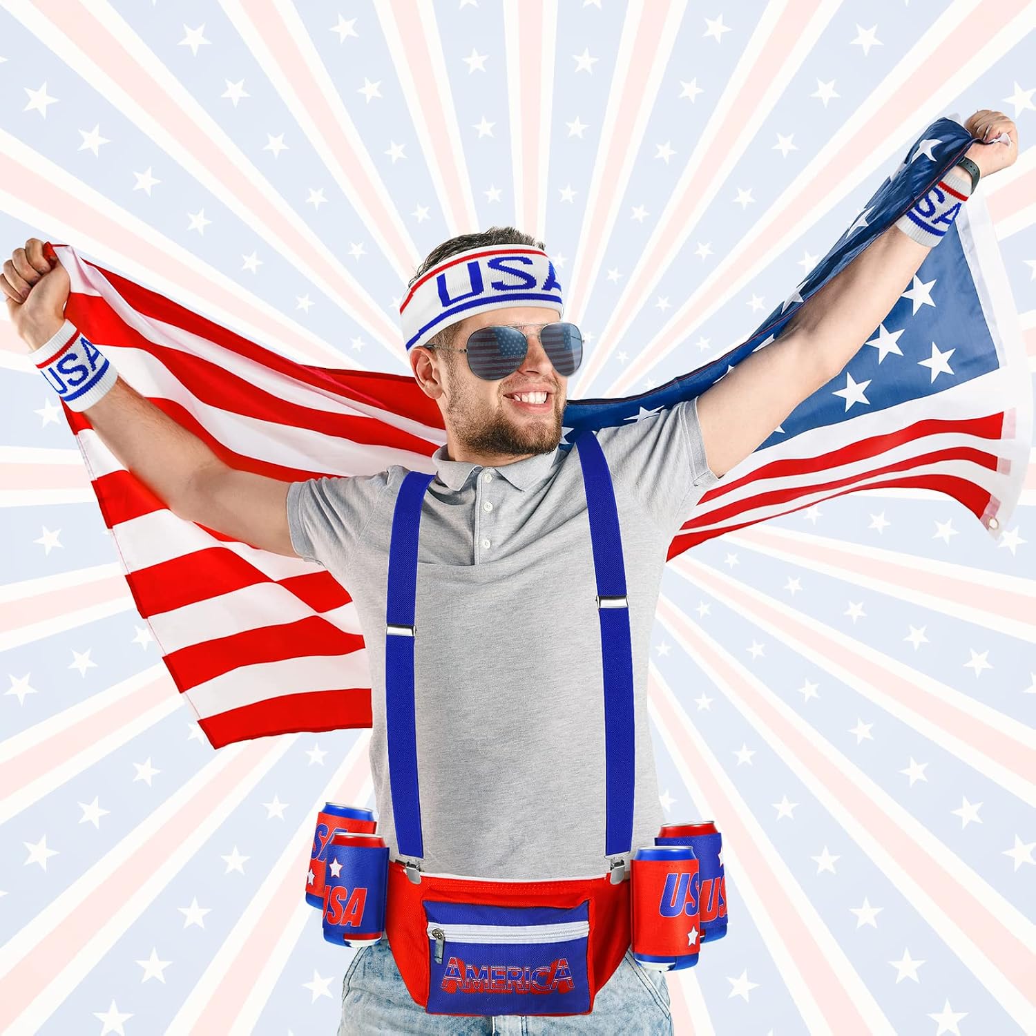 Sweetude 4th of July Fanny Pack America Flag Patriotic Outfit Set 250 Years Beverage Beer Belt Costume Set Accessories with USA Drink Holder Sunglasses Striped Sweatband
