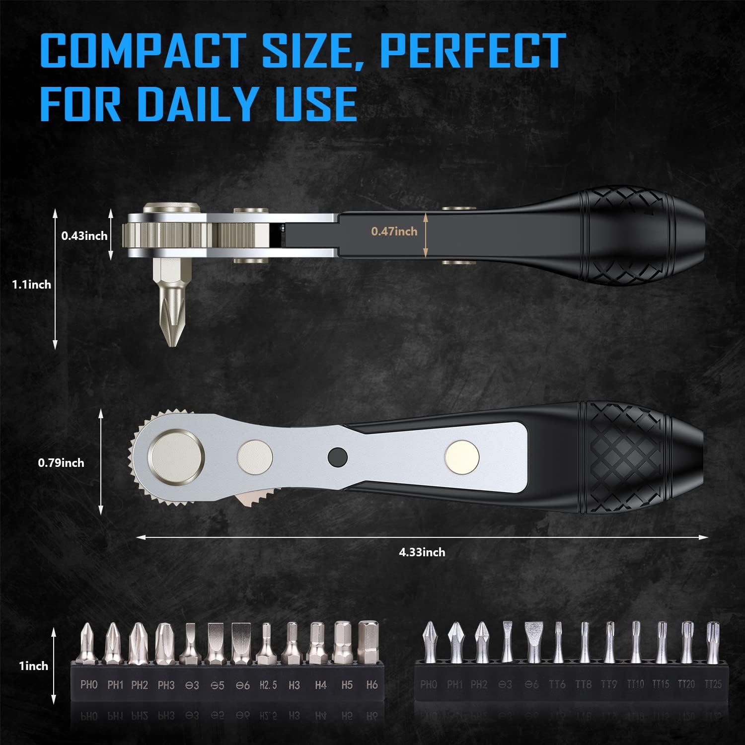 54pcs Mini Ratchet Screwdriver Set with 1/4" S2 Steel Bits, 90 Degree Right Angle Reversible Wrench 36-Tooth, 1/4" Drive Socket, Socket Adapter, Extension Bit Holder, Magnetic Bit Holder