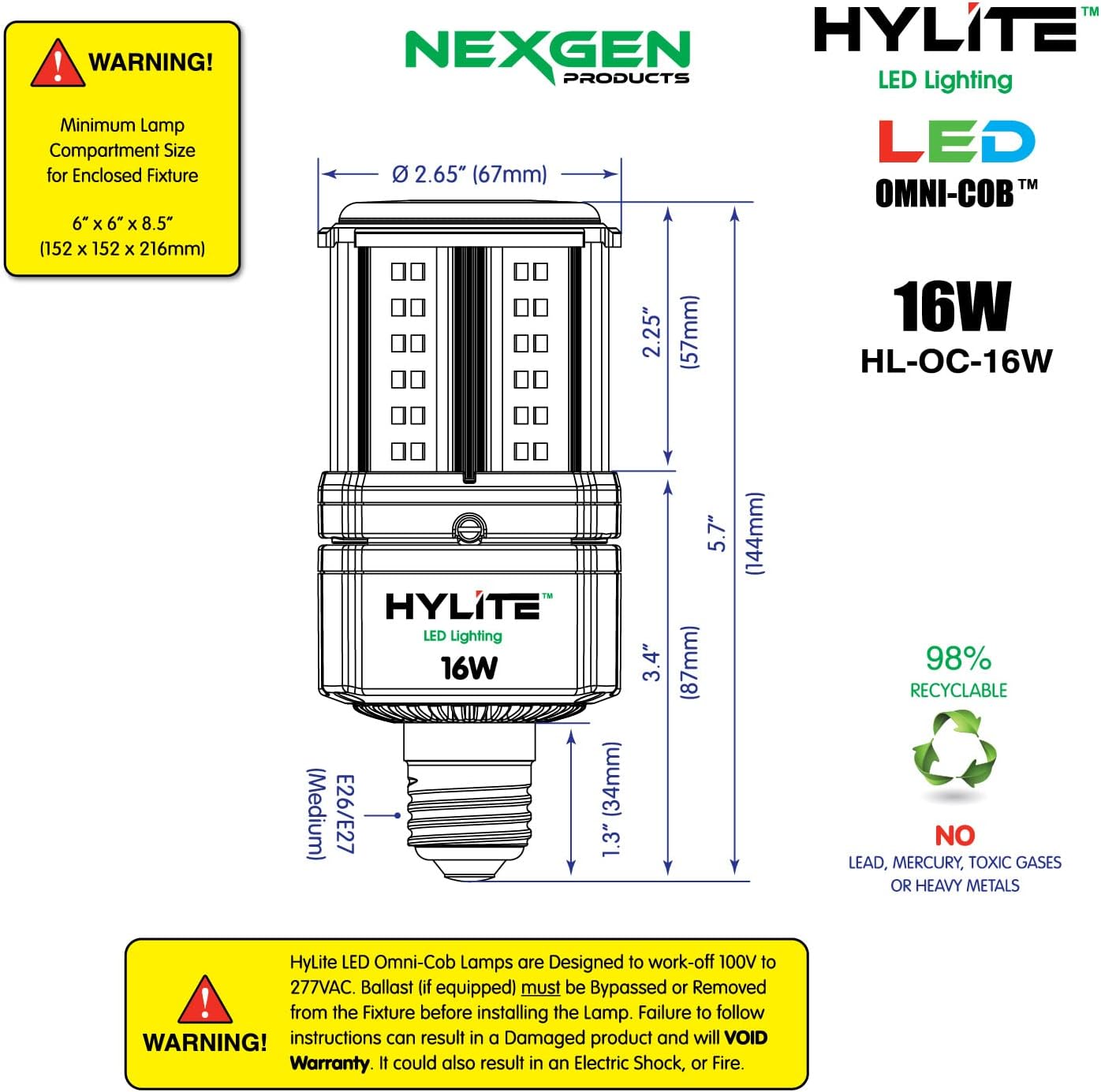16W High Performance LED Omni-Cob Lamp, 360º, (~70W HID), 50K, 2400 lm, 100~277V for Commercial Industrial Lighting Warehouse High Bay Light Fixture Garage Workshop, White