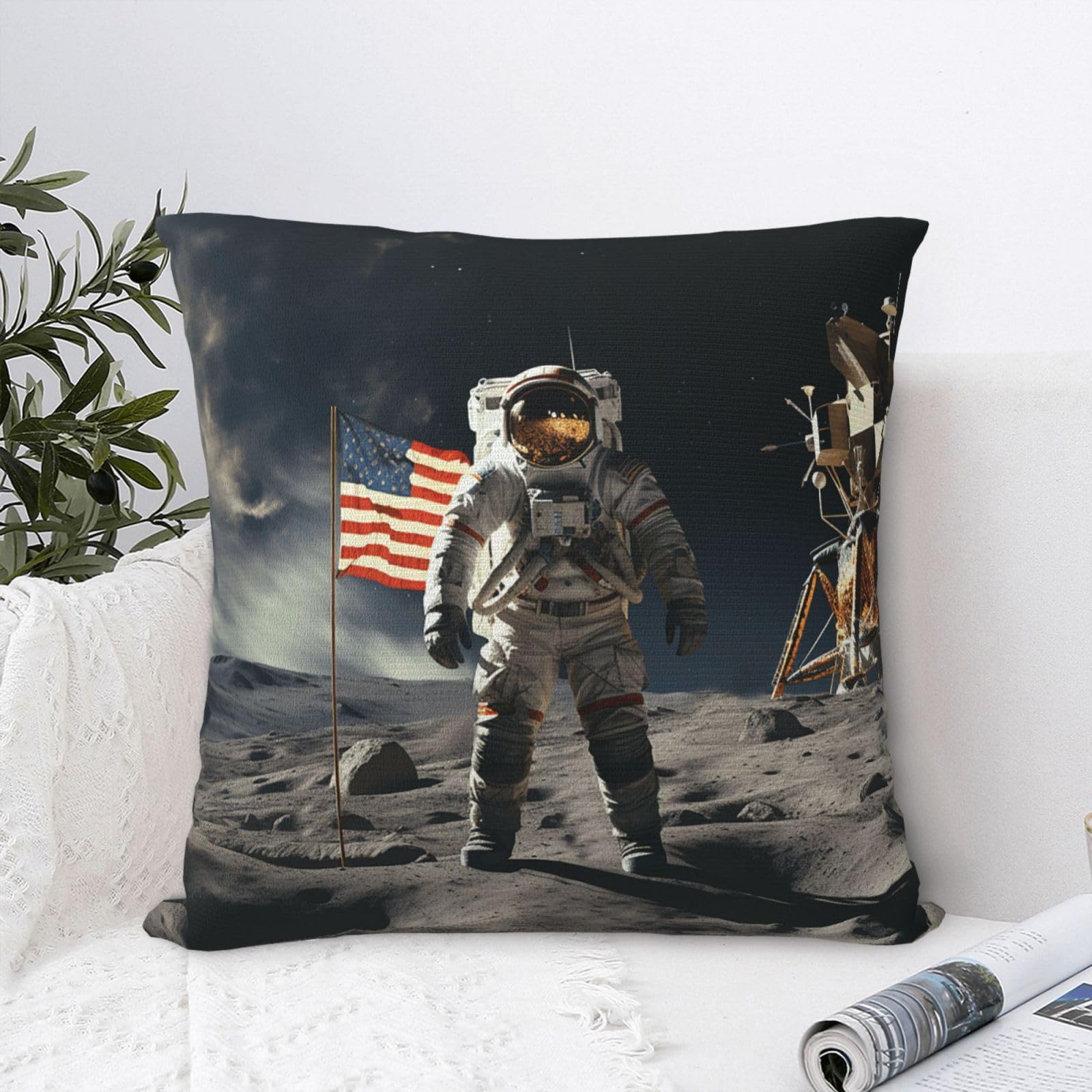 FodPand Luxury Velvet Throw Pillow Covers 20"x20" Super Soft Decorative Pillow Cases - Astronaut Landing on The Moon Pillowcases Modern Lumbar Cushion Cases for Couch Sofa Bed Pillow Shams