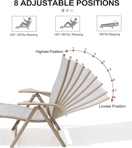 Miniatura 29 de Crestlive Products Juego de 2 tumbonas para exteriores, silla reclinable plegable de aluminio, ajustable 8 posiciones, sin montaje, perfecta