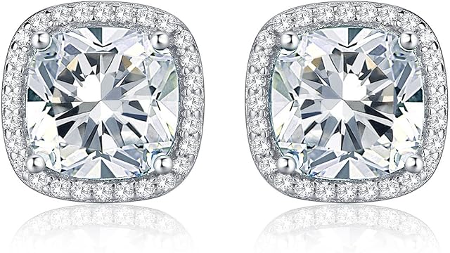 Diamond Treats 925 STERLING SILVER Earrings with Cushion White CZ, Sapphire, Emerald or Ruby Simulated Centre & FLAWLESS Sparkling Cubic Zirconia. The Silver Halo Earrings are a Lovely Gift for Her.