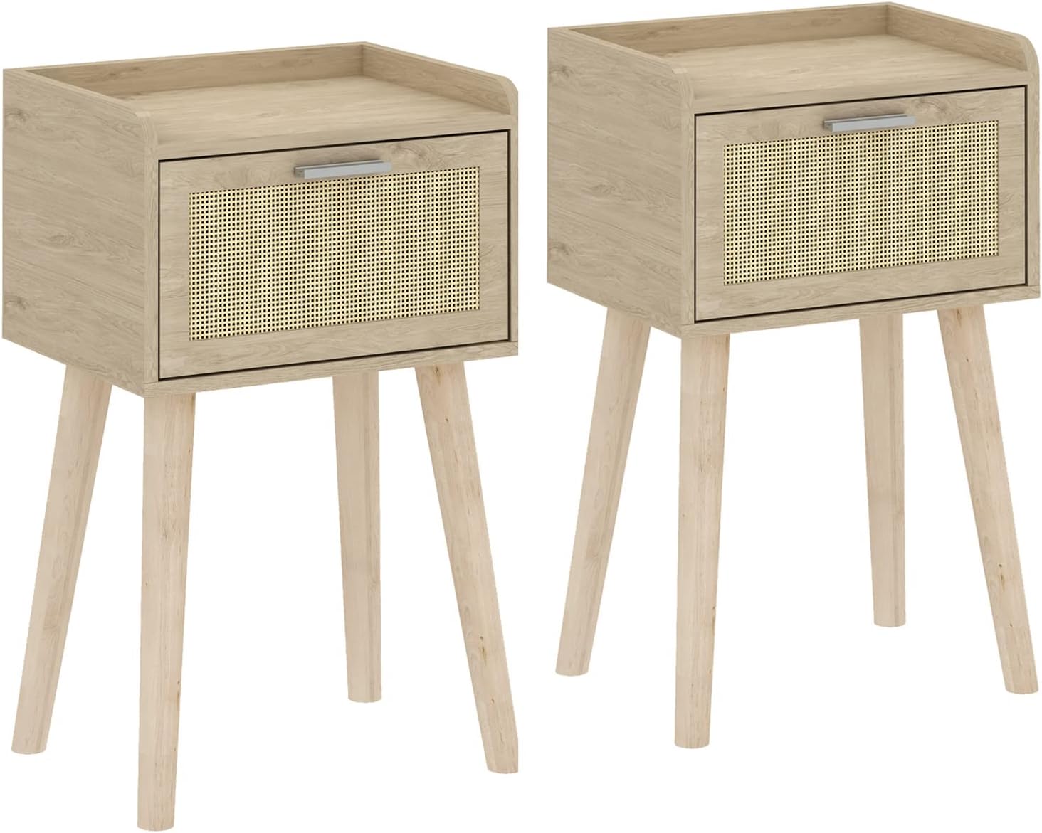LAATOOREE Nightstand Set of 2, Small Bedside Table, End Table with Rattan Door, Boho Side Table with Solid Wood Legs for Bedroom Living Room Small Space