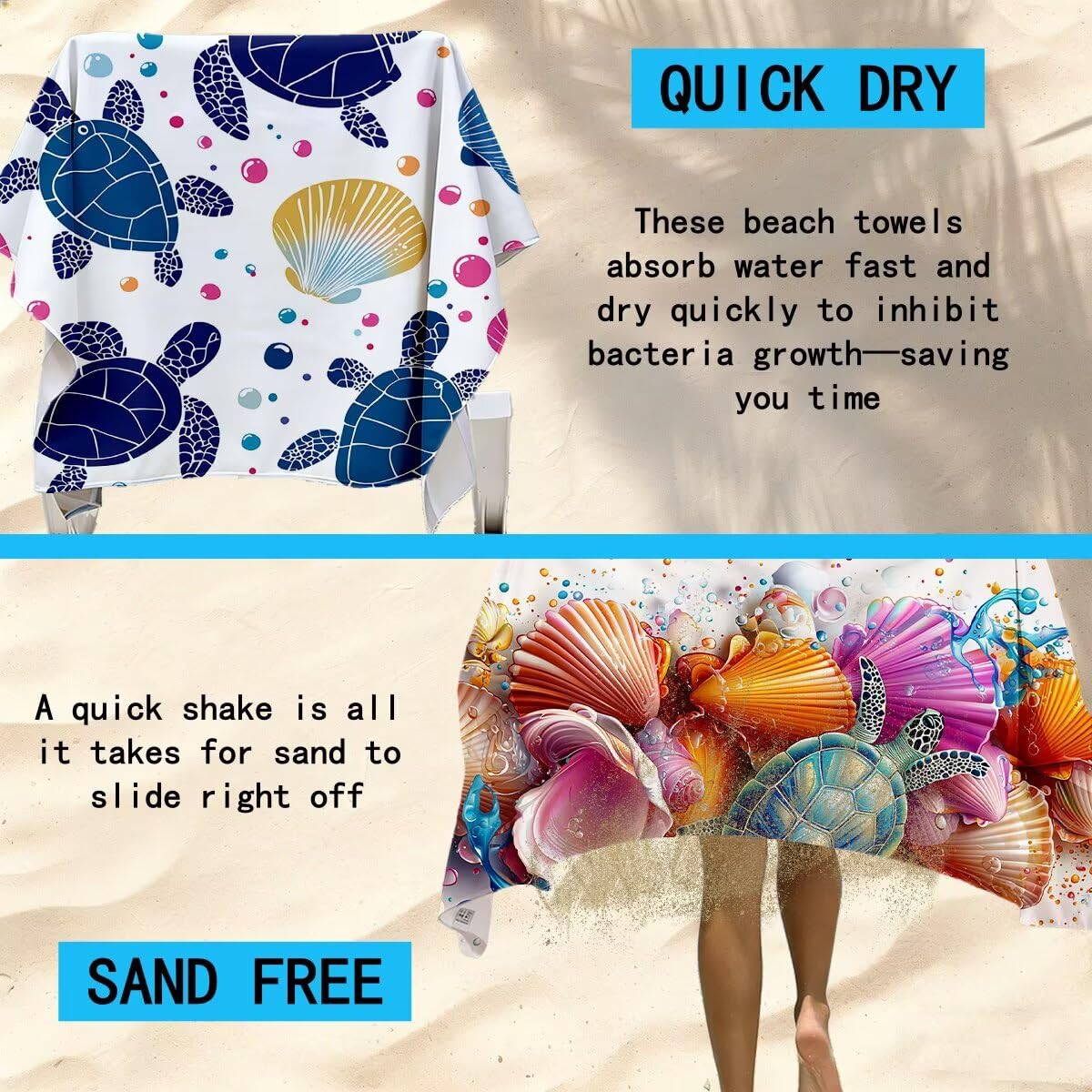 Ręcznik plażowy z mikrofibry, duży ręcznik plażowy 90 x 180 cm 2 sztuki, damski ręcznik gimnastyczny szybkoschnący, odporny na piasek ręcznik z mikrofibry, lekkie ręczniki gimnastyczne na prezent
