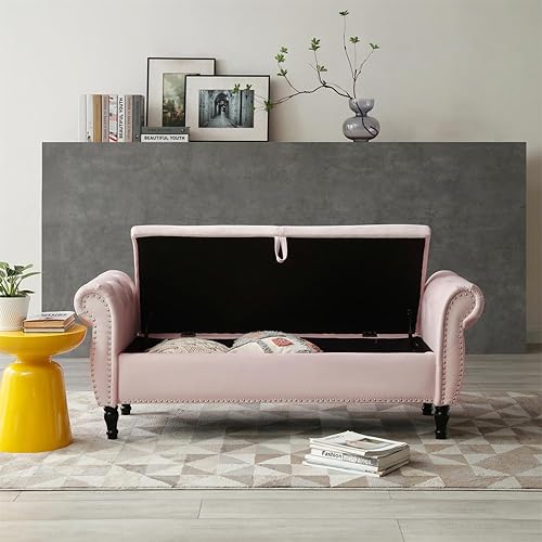 Miniatura 7 de HMFULE Taburete rectangular de almacenamiento multifuncional de 63 pulgadas, patas de madera maciza, banco tapizado de terciopelo con 1 almohada