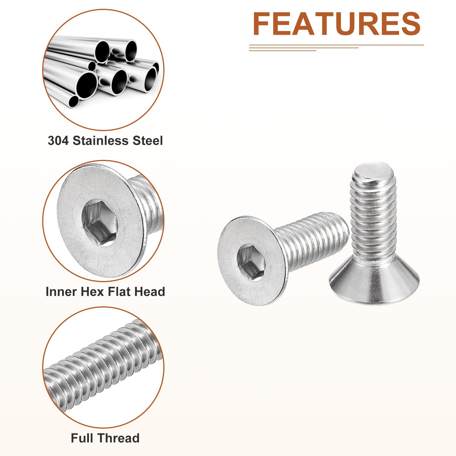 DTGN 5/16-18 x 7/8" Flat Head Socket Cap Screws, 20 Pack 304 Stainless Steel Hex Socket Flat Head Screws, Full Thread - Image 4