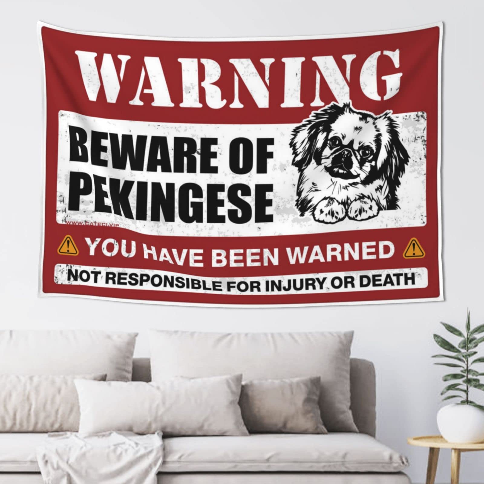 PRAVOXI Man Cave Accessories And Decor Beware Of Pekingese Tapestry Funny Sogns Bedroom Accessories(100X150CM)