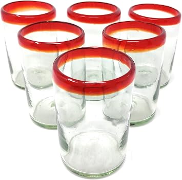 Dos Suenos Hand Blown Mexican Drinking Glasses - Set of 6 Glasses with Red Rims 14 oz each