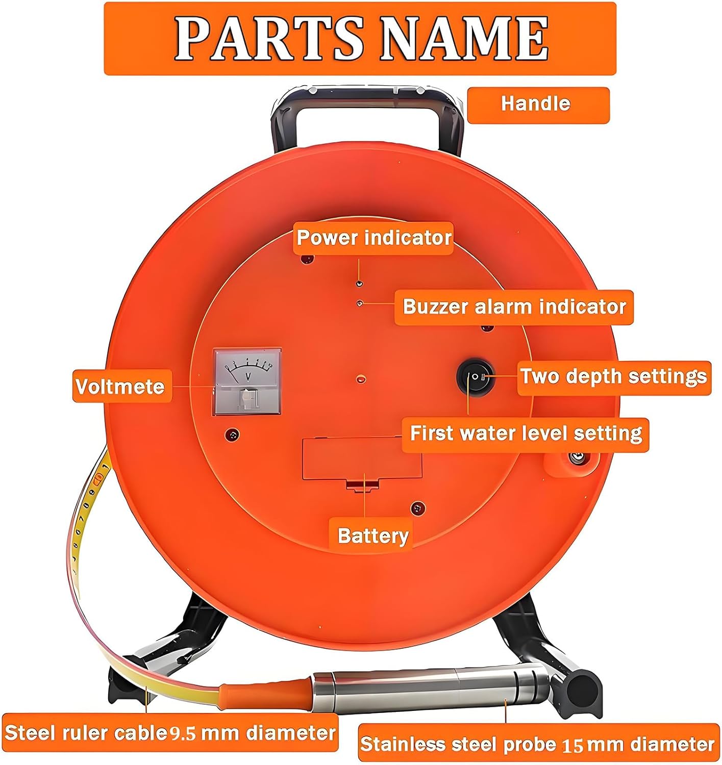 15mm Stainless Steel Probe Groundwater Level Gauge, 100m Well Water Depth Meter, Water Level Indicator with Durable Steel Tape for Accurate Water Level Measurement