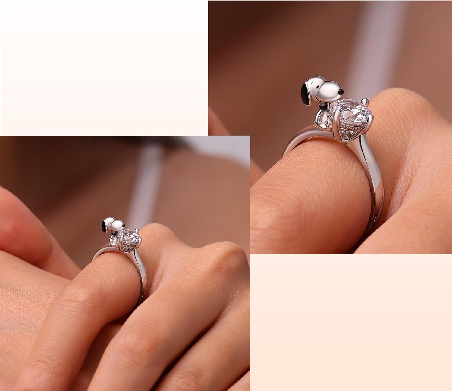 GNOCE Peanuts Snoopy Hug White Diamond Ring for Women, S925 Sterling Silver Ring for Her Wife, Valentine‘s Day, Mother’s Day Jewelry