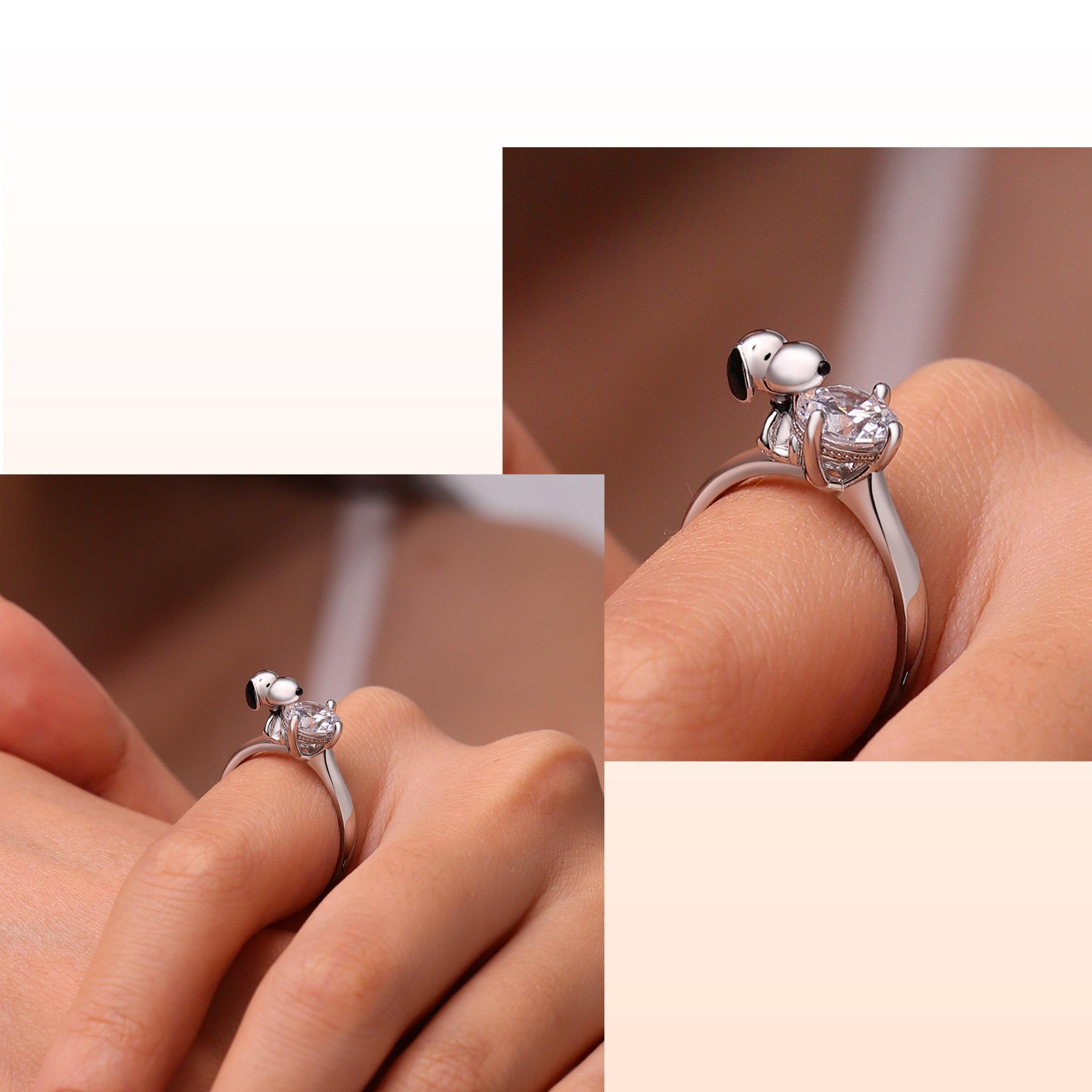 GNOCE Peanuts Snoopy Hug White Diamond Ring for Women, S925 Sterling Silver Ring for Her Wife, Valentine‘s Day, Mother’s Day Jewelry