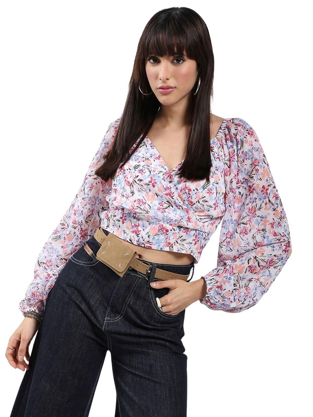 White Floral Long Sleeve Wrap Top