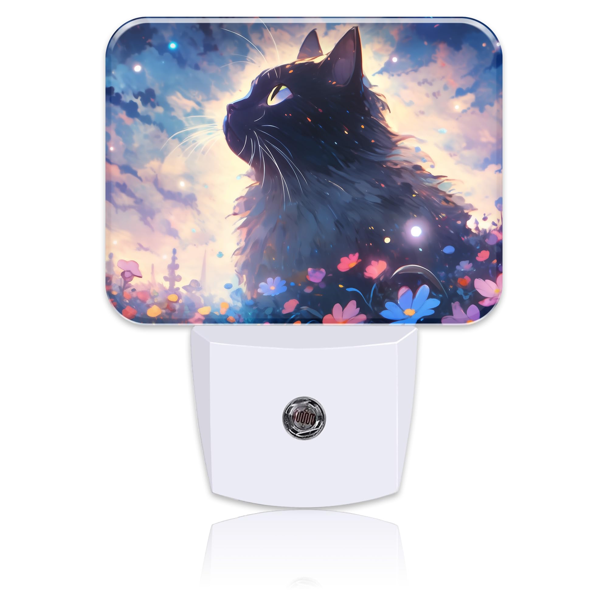Cartoon Cute Black Cat Night Light for Kids Girls Boys, Cat in The Flowers LED Night Light Plug into Wall with Dusk to Dawn Sensor for Room, Hallway, Kitchen, Bathroom, Stairs Decor