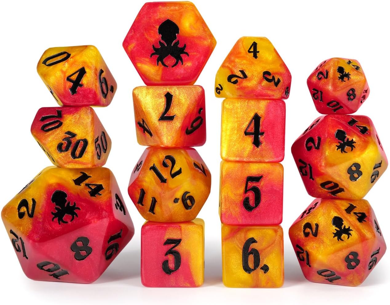 Cherry Pineapple Swirl 14pc Polyhedral Dice Set Inked in Black