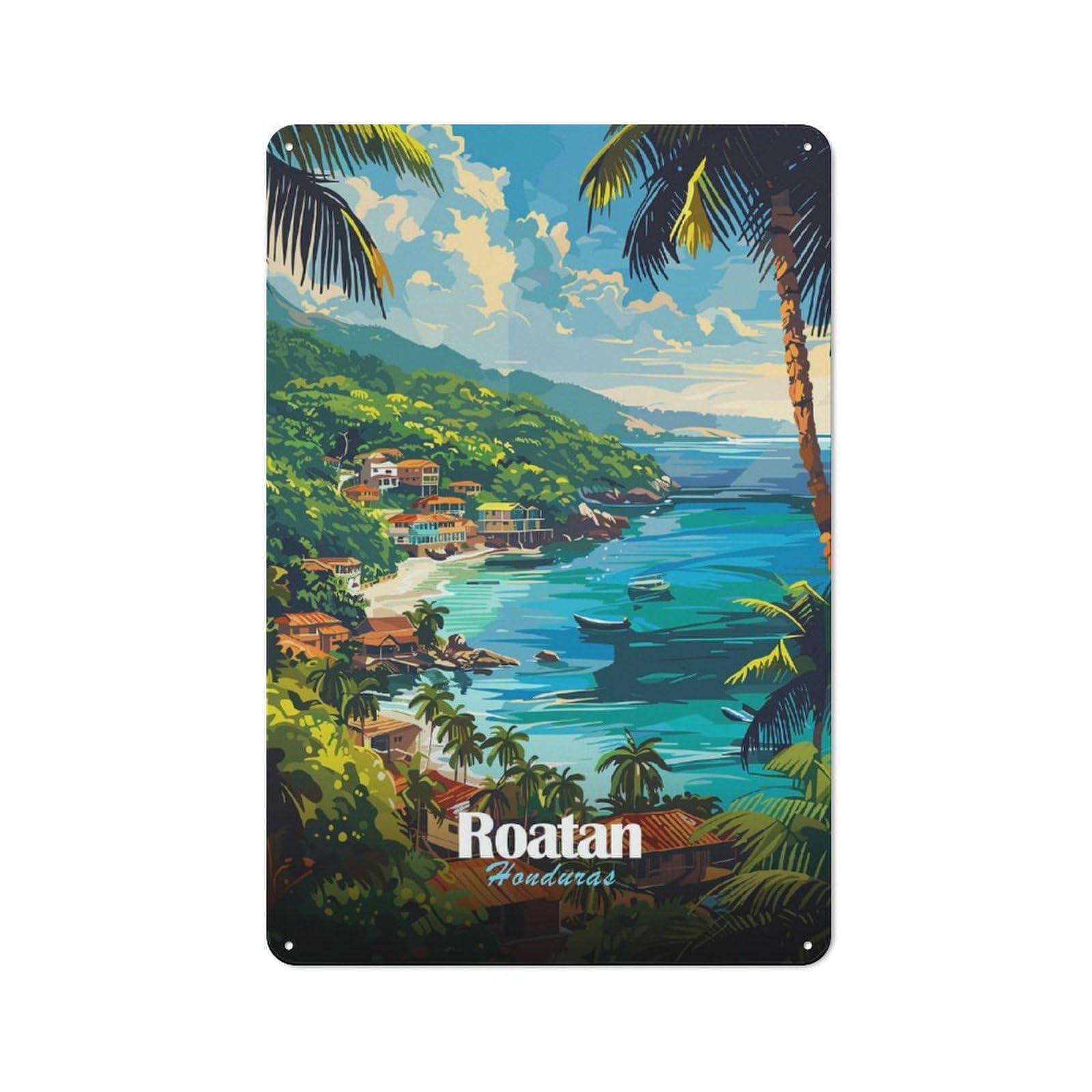 Junmoney Style-24 Tin Wall Plaque 30X20cm With Roatan Honduras Tropical Coastline Art For Home Office Or Studio, New Home Wall Decor For Home Office Decor Fans