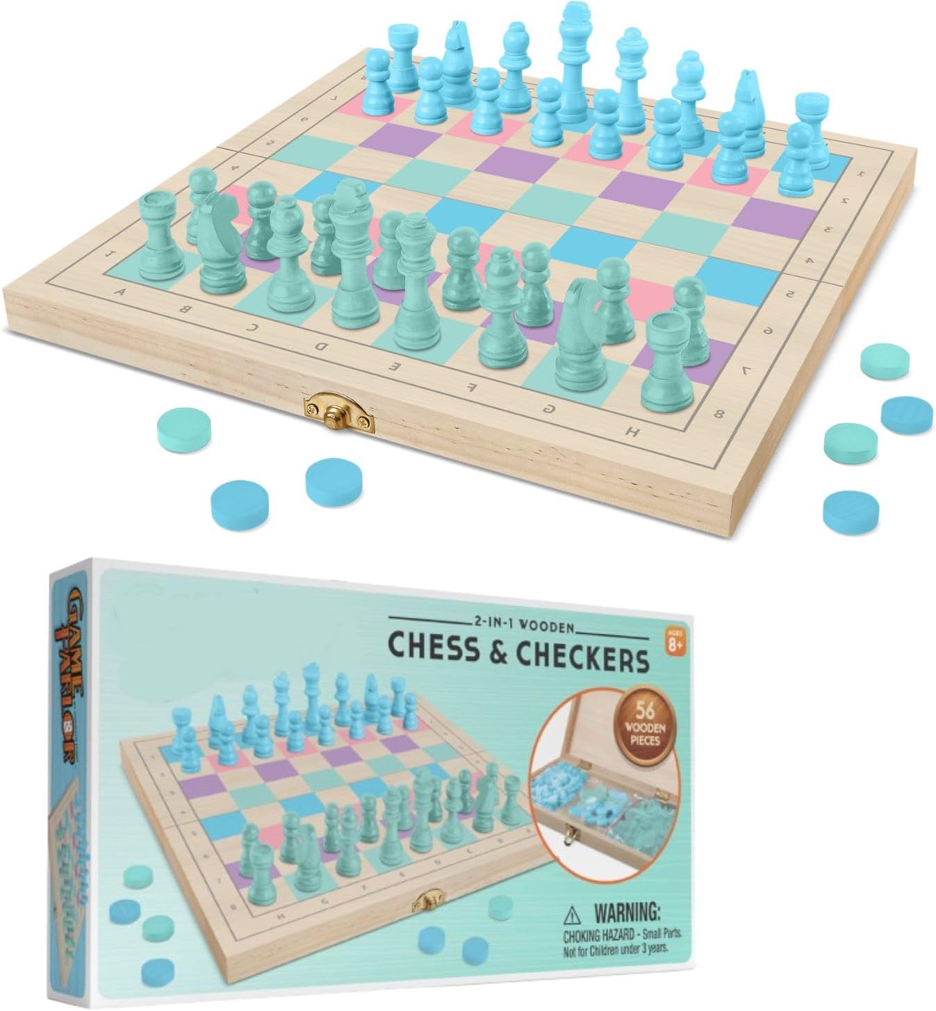 2 in 1 Wooden Chess and Checkers Set - Chess Set for Kids – 11” x 11” Wood Game Board Folds As Storage Case - Chess Checker Set - Childrens Chess Sets for Beginners - Chess Board for Kids