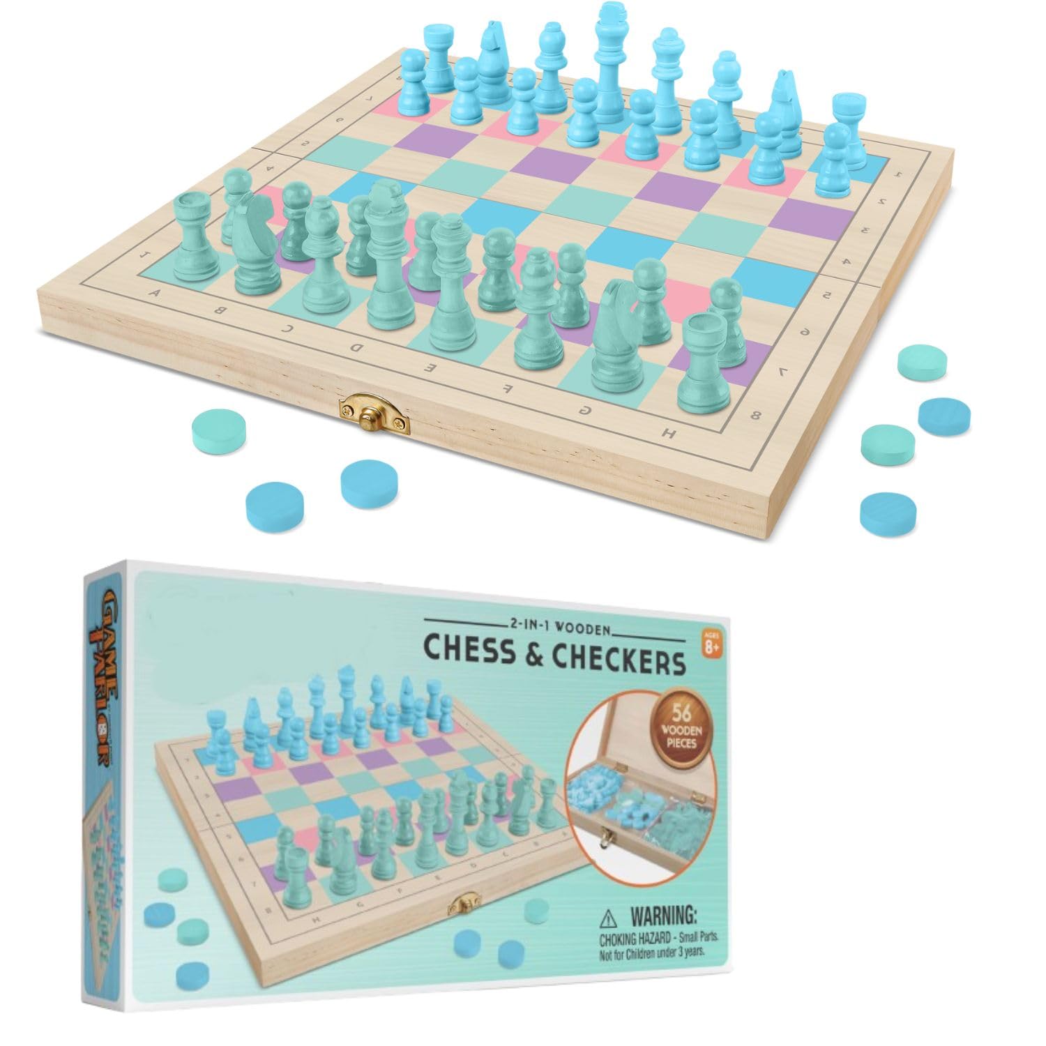 2 in 1 Wooden Chess and Checkers Set - Chess Set for Kids – 11” x 11” Wood Game Board Folds As Storage Case - Chess Checker Set - Childrens Chess Sets for Beginners - Chess Board for Kids