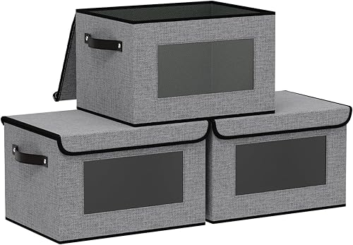 Miniatura 12 de Cajas de almacenamiento de tela, 13 x 9.1 x 7.9 pulgadas, cestas de manta para estantes con tapas, cubos con asas, cubos decorativos de lino para