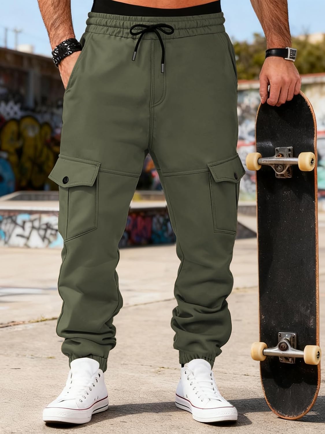 Mens Fleece Cargo Sweatpants Heavyweight Elastic Waist Pants with Pockets Baggy Drawstring Jogger Pants - Image 3