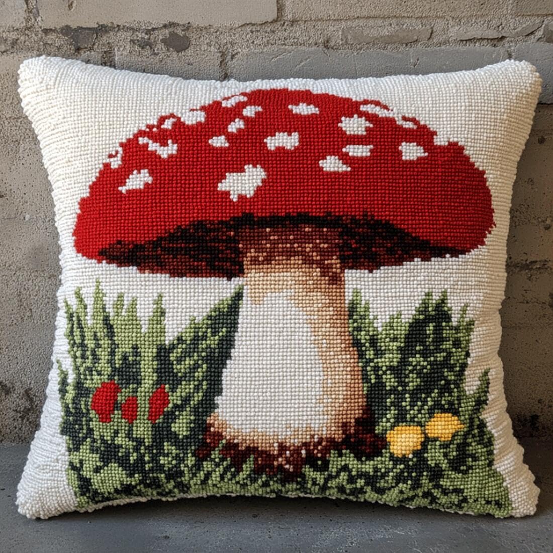 Henypt 9CT Cross Stitch Pillow Kit Cartoon Mushroom DIY Cushion Embroidery Kit Needlepoint Handmade Needlework Cushions Kits Stitched Pillow Cover Set for Adults Beginners 50x50cm