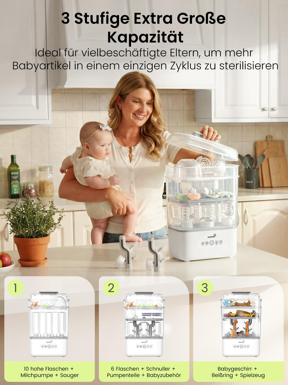 Grownsy Babyflaschen Sterilisator und Trockner, 3 Ebenen für 6-10 Flaschen, 8 Min Dampfsterilisation, BPA-frei, für Flaschen, Schnuller & Milchpumpenzubehör