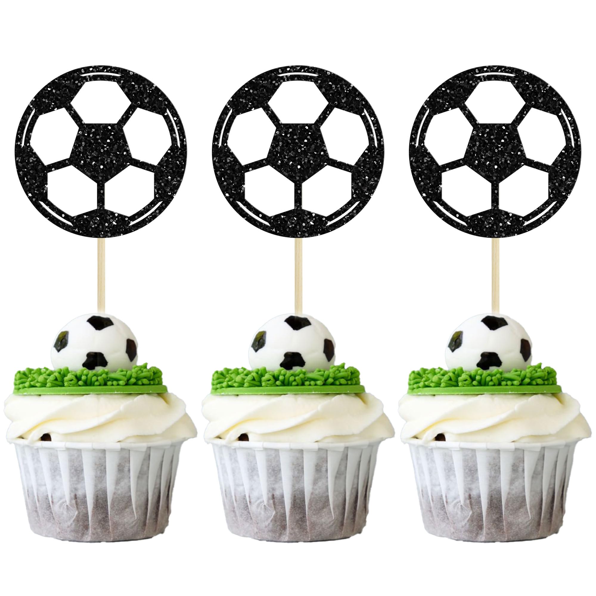 24Pcs Soccer Ball Cupcake Toppers Black Glitter Sports Theme Football Cupcake Food Picks Sport Balls Baby Shower Wedding Birthday Party Cake Decorations Supplies — image 1