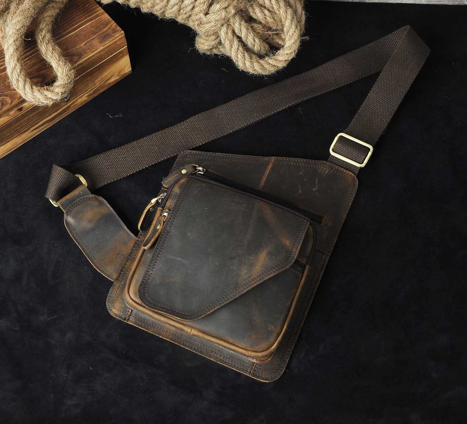 Le’aokuu Herren Echtes Leder Brusttasche Crossbody Bag Sling Bag Schultertasche Gurteltasche Umhängetasche Rucksack Brustbeutel Für Outdoor Sport Reisen B214 (B214 Dunke Braun 2)
