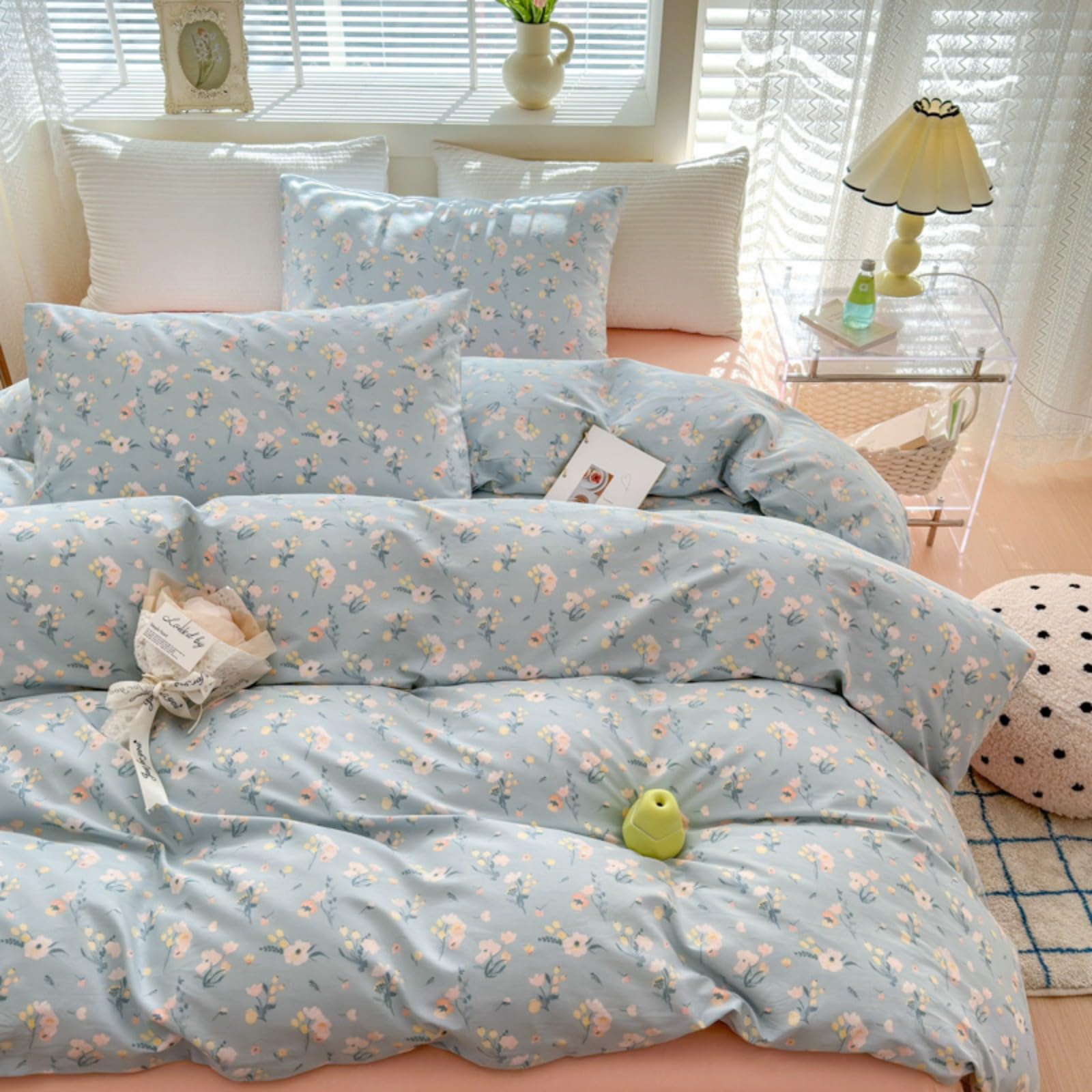 Freyamy Blumen Bettwäsche 135x200 Blau Rosa Floral Aesthetic Bettwäsche Set