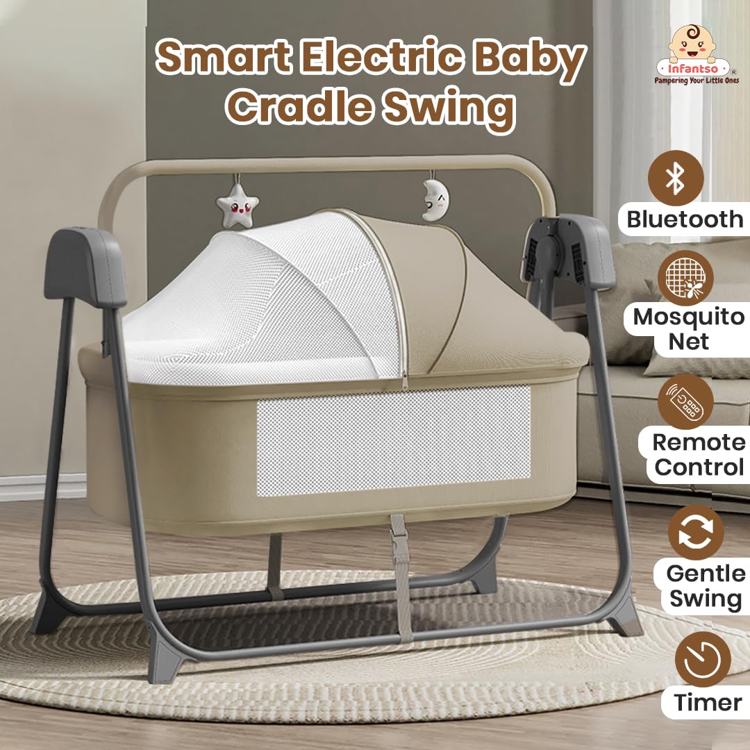 Infantso Premium Electric Baby Cradle Swing - Bluetooth & Remote Control Palna Jhula with Custom Swing Time, Adjustable 5-Speeds, Automatic Swing Cradle for 0-12 Months, Soft Mattress