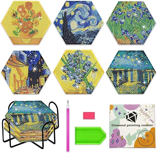 Miniatura 1 de NUFTVI Van Gogh - Juego de posavasos de pintura de diamantes con soporte, kit de posavasos de arte de diamante de cristal completo 5D para adultos.