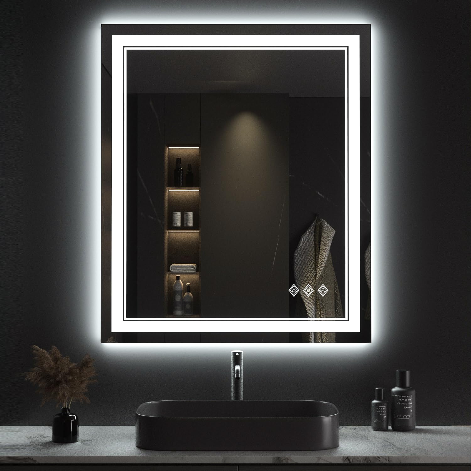 Lighted Mirror, 31x36 Inch Gradient Front and Backlit Bathroom Mirror, 3 Colors Dimmable CRI>90 Double Lights, IP54 Enhanced Anti-Fog, Hanging Plates Wall Mount
