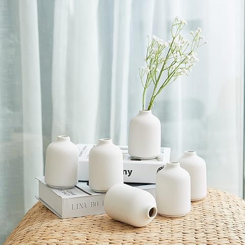 Miniatura 4 de Juego de 6 jarrones pequeños de cerámica blanca para decoración, jarrones bohemios para flores secas, jarrones de cerámica blanca de 4.1 pulgadas de
