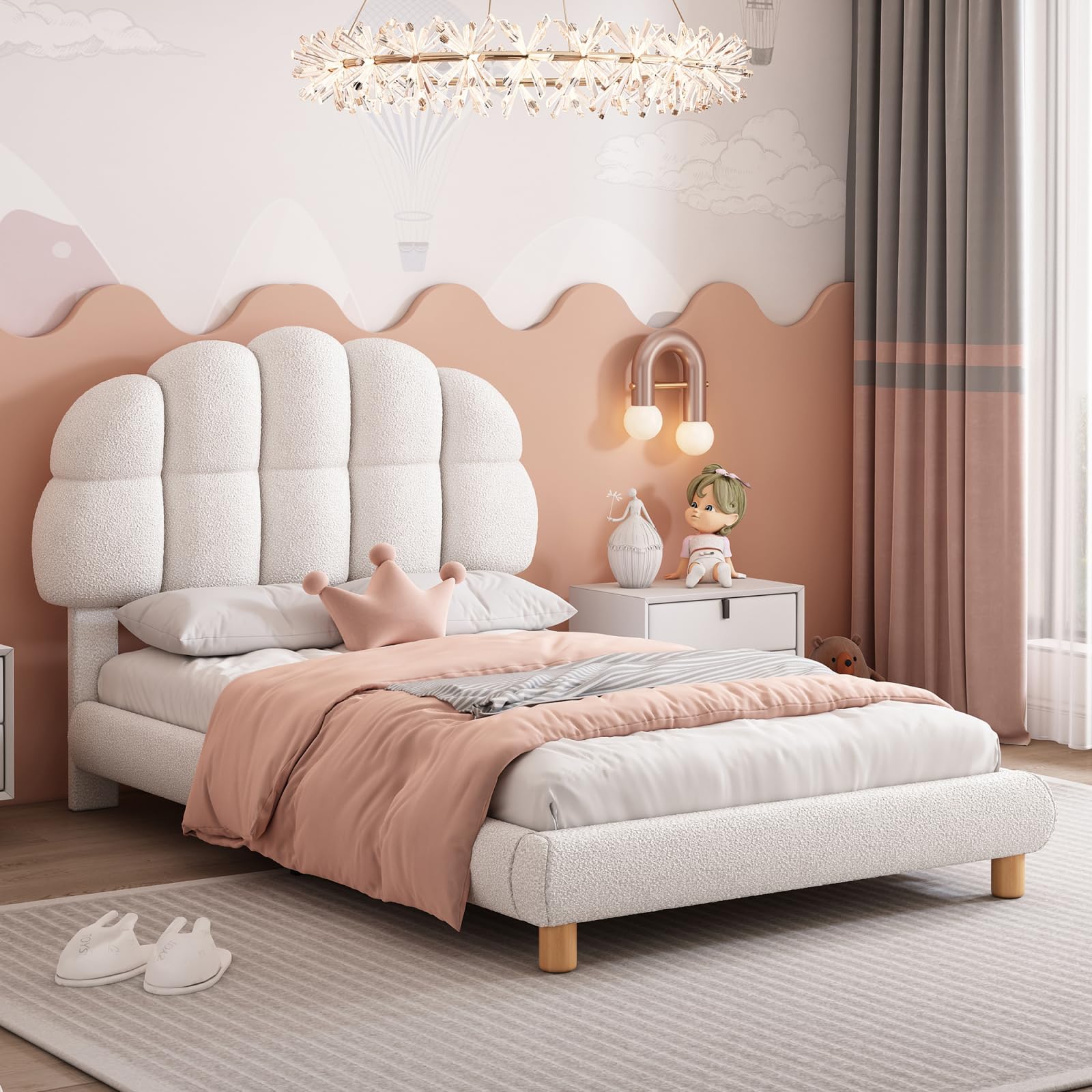 Mädchen Kinderbett 90x200cm mit Verstellbares Kopfteil, Einzelbett Polsterbett Bettgestell mit Lattenrost aus Holz, Einfache Montage, Kreisvlies, Ohne Matratze